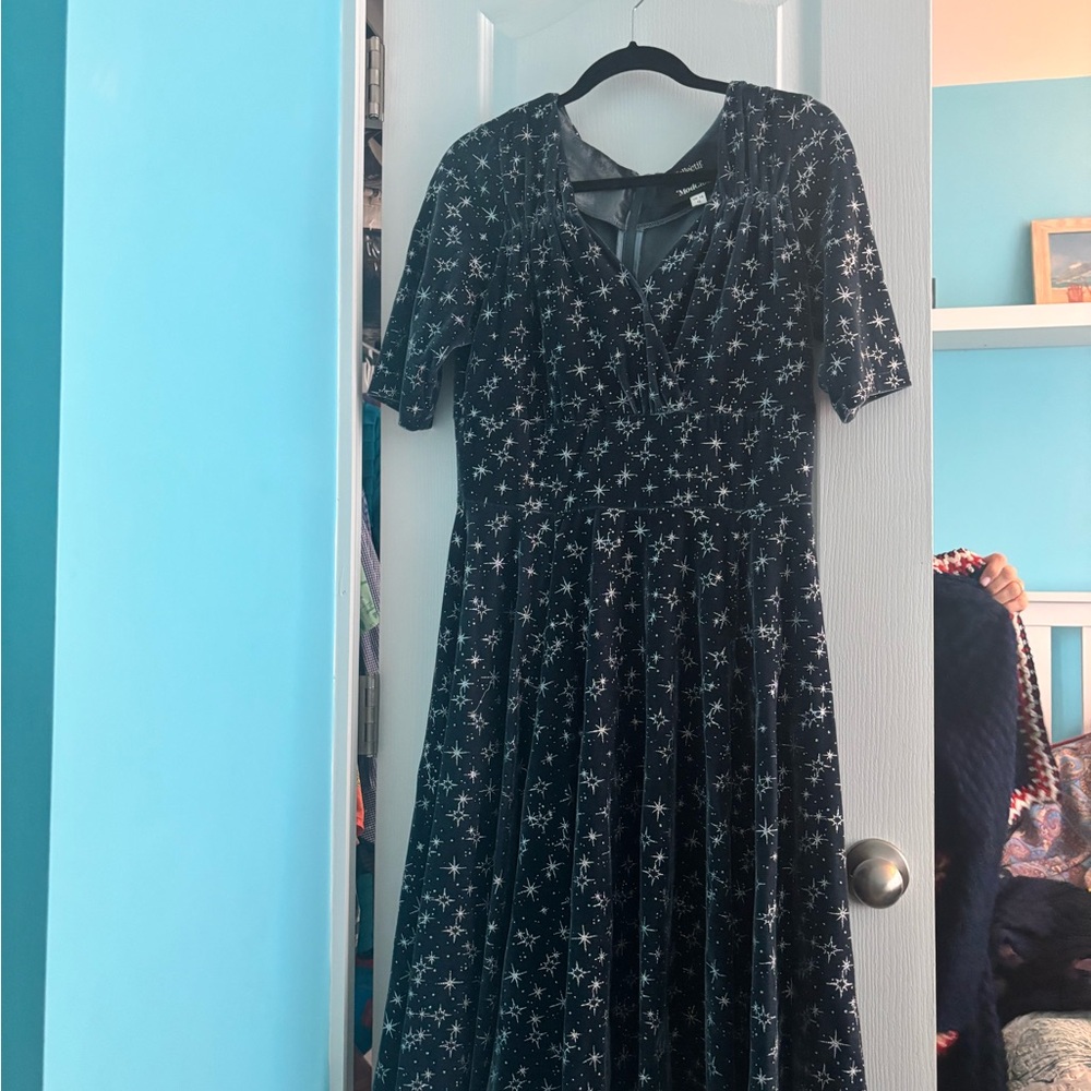 Modcloth Starry Night Midi Dress - Navy Blue and White